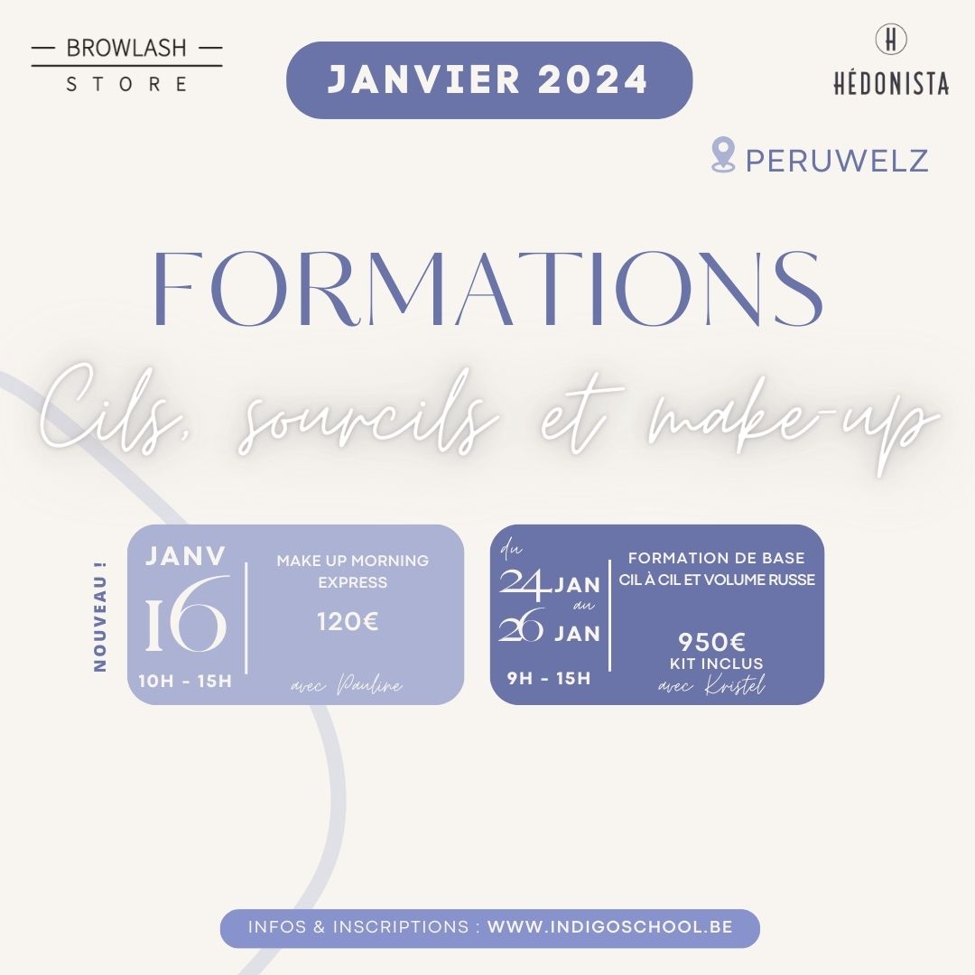 agenda formation cils maquillage makeup hedonista Peruwelz Janvier 2024