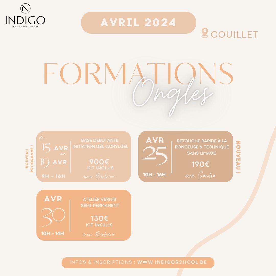 IndigoNails agenda formation onglerie Maquillage Couillet avril2 2024