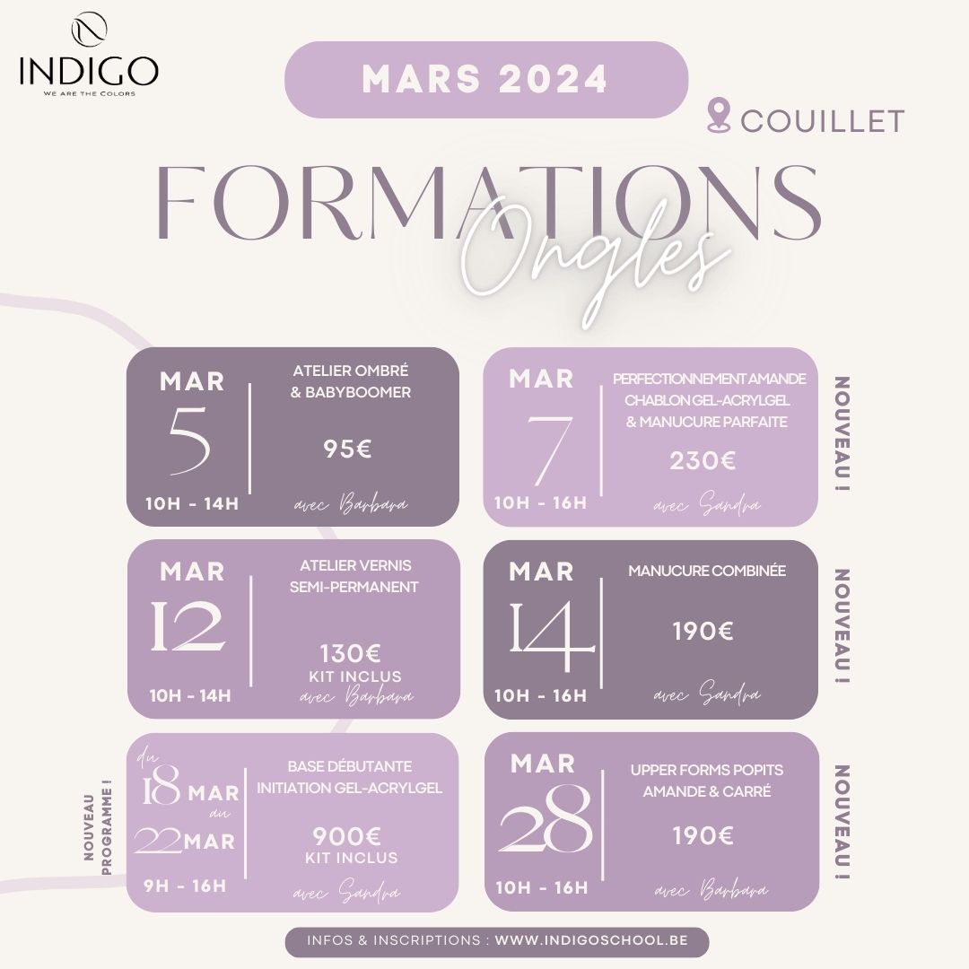 IndigoNails agenda formation onglerie Maquillage Couillet mars 2024